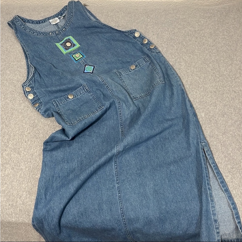 Vintage 90s Chambray Midi Jumper Dress Large Boho Coastal Modest Grunge Cottage